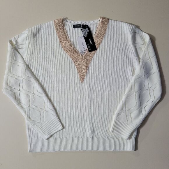 Mirol Women's Ivory Openwork V-Neck Long Sleeve Sweater - Picture 5 of 16